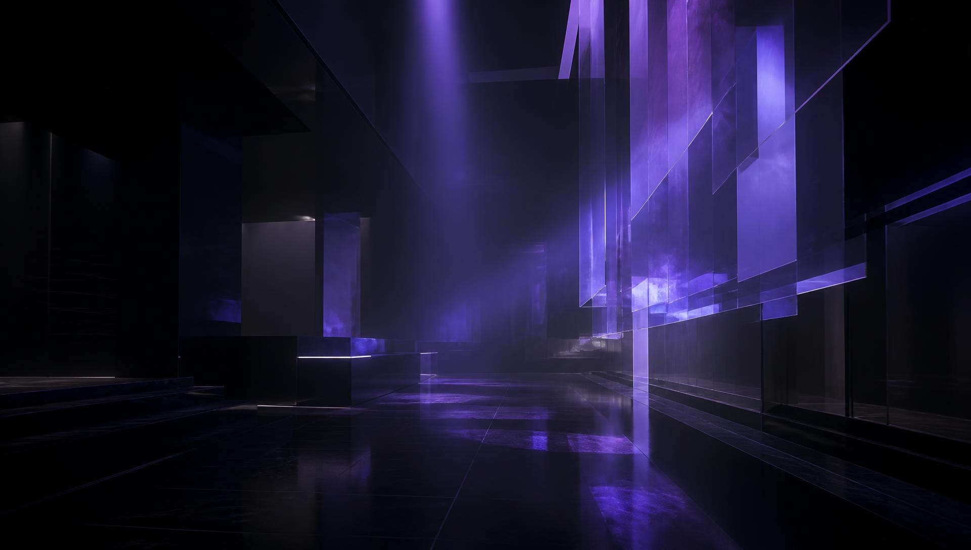 Ambiente corporativo futurista escuro com luz volumétrica violeta
